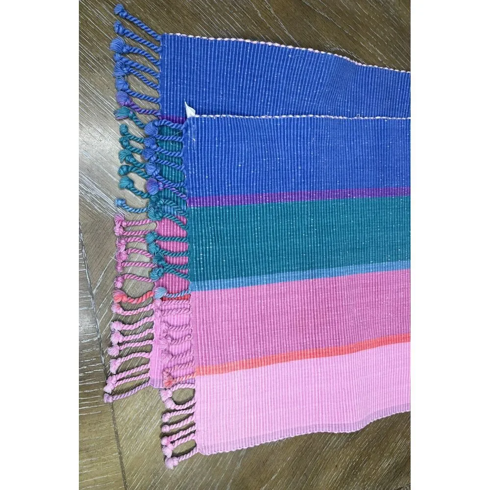 VTG Pier 1 Woven Table Runner Striped Pink Green Blue Purple Fringe Boho 14